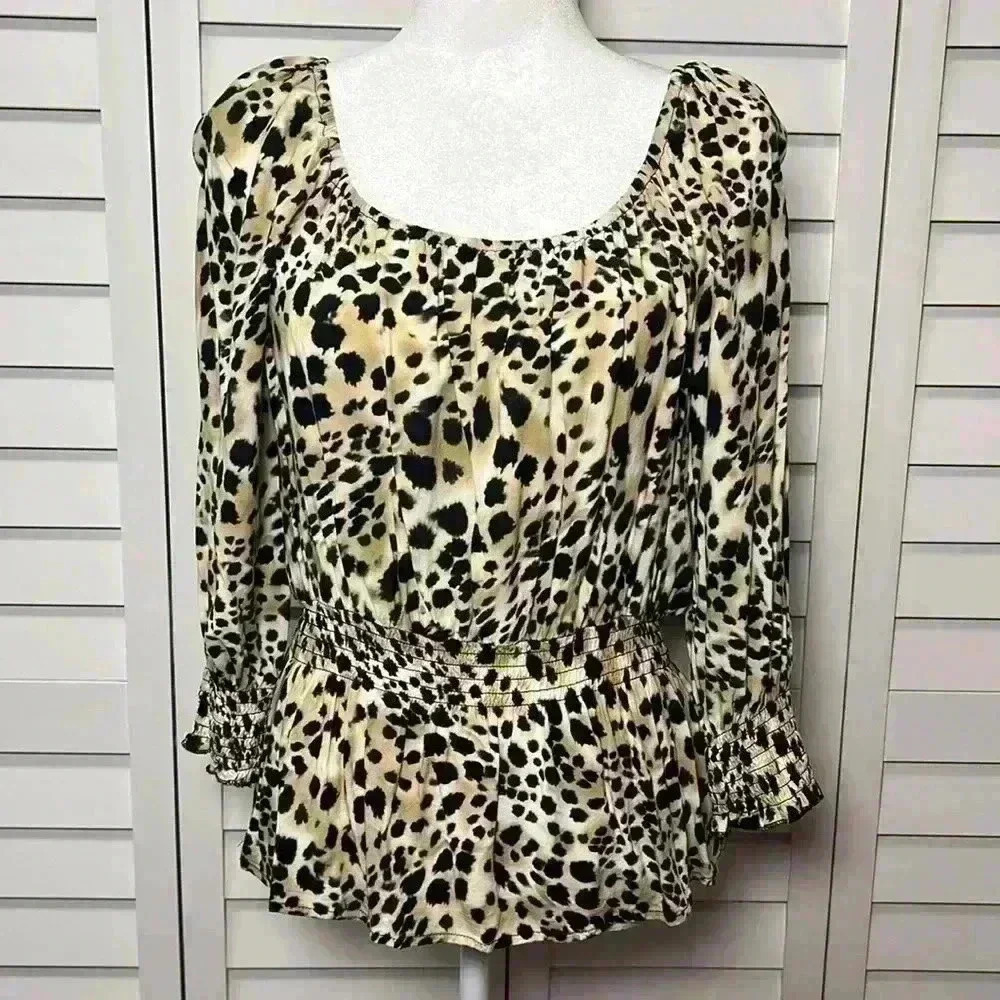 Cato Leopard Print Scoop Neck 3/4 Sleeve Smocked Peplum Top Size Large